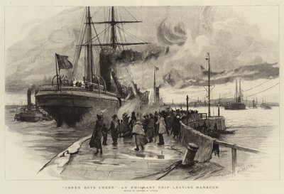 Cheer Boys Cheer, ein Auswandererschiff verlässt den Hafen von Charles William Wyllie