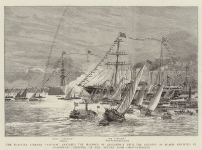 Der ägyptische Dampfer Fayoum fährt in den Hafen von Alexandria ein mit dem Khedive an Bord, eskortiert von Küstenwachkreuzern, auf der Rückkehr aus Konstantinopel von Charles William Wyllie