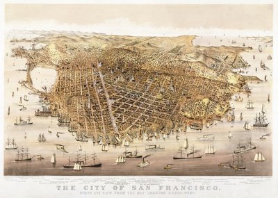 Die Stadt San Francisco, Vogelperspektive von der Bucht nach Südwesten, veröffentlicht von Currier & Ives von Charles Richard Parsons