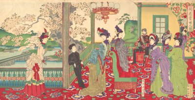 Ein Wettbewerb eleganter Damen unter den Kirschblüten, September 1887 von Chikanobu Yoshu