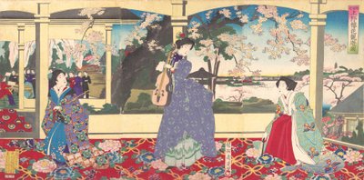 Eine Tanzparty: Genießen der Kirschblütenbesichtigung in Ueno Tobukai Ueno oka yuran no z..., März, 1887 von Chikanobu Yoshu