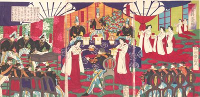 Illustration der Kommandanten, die Westjapan befriedeten, Empfang des Kaisers, September 1887 von Chikanobu Yoshu
