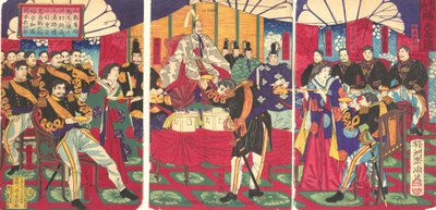 Illustration der geehrten Kommandanten, die die Kaiserliche Geschenkbecher erhalten Kunko..., September, 1877 von Chikanobu Yoshu