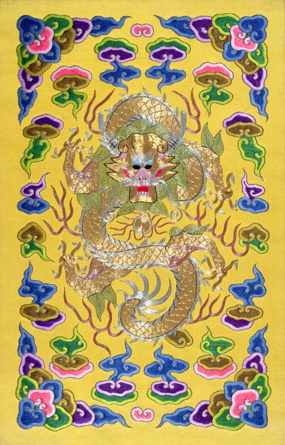 Ein gestickter chinesischer Drache, vom Umschlag eines französisch-chinesischen diplomatischen Vertrags (Silber- und Goldfaden und Seide) von Chinese School