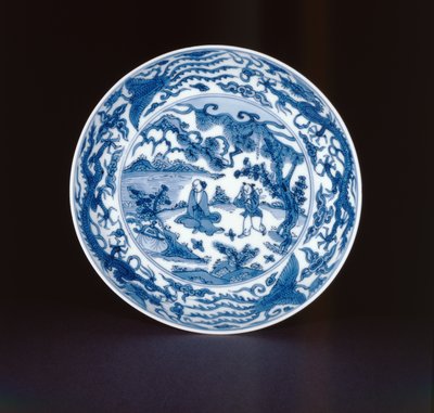 Blau-weißer Teller mit einem Weisen und einem Diener, Wanli-Marke und -Periode, 1573-90 (Porzellan) von Chinese School