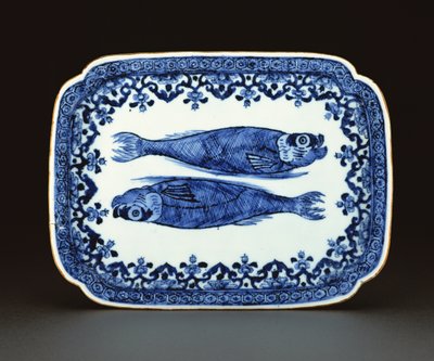 Blau-weiße Exportporzellanschale mit Fischbemalung von Chinese School