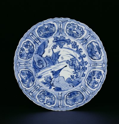 Blau-weiße Kraak-Platte mit Vögeln in einer Landschaft, Egret-Marke, Wanli, 1595-1605 (Porzellan) von Chinese School
