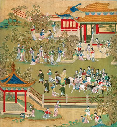 Kaiser Yang Ti (581-618) spaziert mit seinen Frauen in seinen Gärten, aus einer Geschichte der chinesischen Kaiser von Chinese School