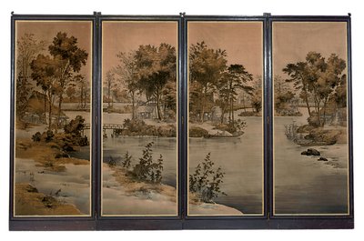 Vierfacher Bildschirm mit Samtpaneelen, gewebt mit einer Flusslandschaft in Grisaille-Tönen von Chinese School