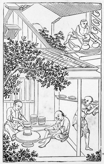 Formen und Platzieren auf der Töpferscheibe, aus einer Serie von Illustrationen zur Herstellung von Porzellan von Chinese School