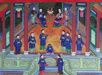 Szene, die einen chinesischen kaiserlichen Beamten zu Hause zeigt, der mit seiner Frau sitzt von Chinese School