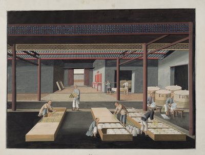 Das Verpacken und Versenden von Schalen und Tellern, Platte 12 aus einer Serie von zwölf, die den Herstellungsprozess von chinesischem Porzellan darstellen, 19. Jahrhundert von Chinese School