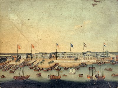 Ansicht der Hongs in Kanton mit den dänischen, österreichischen, amerikanischen, schwedischen, britischen und niederländischen Fabriken von Chinese School