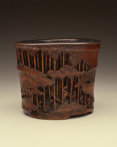 Großer Pinselhalter mit den Sieben Weisen des Bambushains bei ihren literarischen Beschäftigungen in einem Bambuswald, Kangxi-Periode (1662-1722), Qing-Dynastie von Chinese School Chinese School