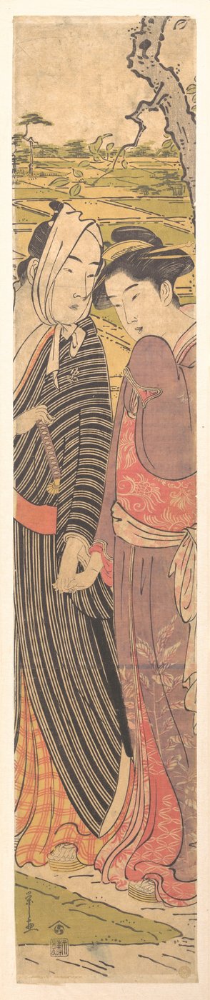 Ein Mann und ein Mädchen gehen in den Reisfeldern von Chobunsai Eishi