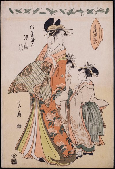 Ganzkörperporträt der Kurtisane Somenosuke, begleitet von zwei Kamuro von Chobunsai Eishi
