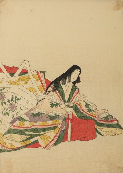 Hofdame sitzend, auf einen Fächer gestützt, Platte aus dem Album: Nishiki-zuri onna sanju rokkasen e-zukushi von Chobunsai Eishi