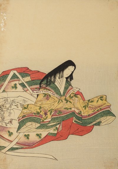 Hofdame sitzend, nach rechts gewandt, Tafel aus dem Album: Nishiki-zuri onna sanju rokkasen e-zukushi von Chobunsai Eishi