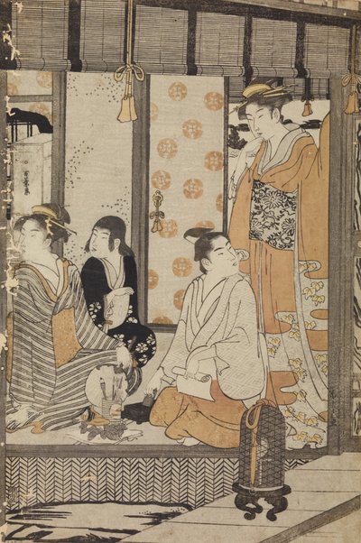 Zwei Frauen, ein Jüngling und ein Mädchen im Inneren eines Hauses von Chobunsai Eishi