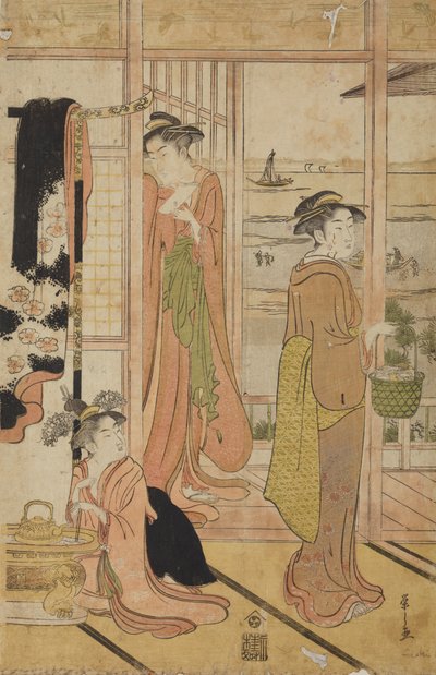 Zwei stehende Frauen und ein Mädchen im Inneren mit Blick auf einen See von Chobunsai Eishi