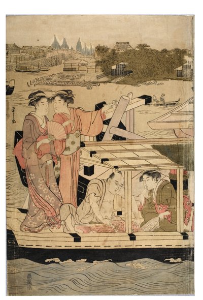 Teil eines horizontalen Pentaptychons der Sumida-Fluss-Szene von Chobunsai Eishi