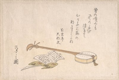 Shamisen, Plektrum und ein Buch von Chobunsai Eishi