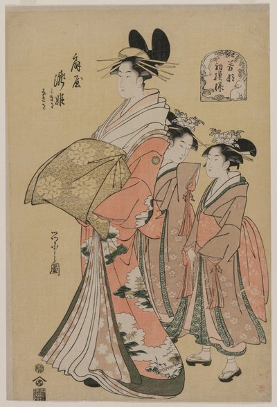 Die Kurtisane Takihime und Begleiterinnen aus der Serie Neue Muster junger Grüns, 1795 von Chobunsai Eishi