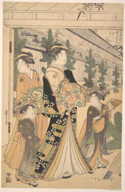 Zwei Oiran mit zwei weiblichen Begleitern in Yoshiwara von Chobunsai Eishi