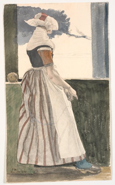 Junges Mädchen in Salling-Tracht, strickend und aus einem Fenster schauend von Christen Dalsgaard