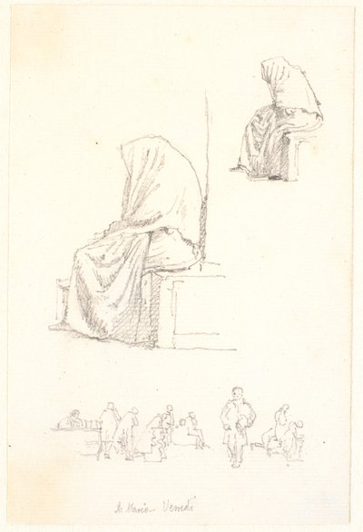 Skizzenblatt mit Studien einer sitzenden alten Frau und betenden Figuren von Christen Købke