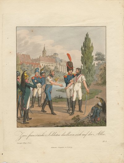 Zwei französische Soldaten kämpfen ein Duell auf einer Allee von Christian Gottfried Heinrich Geissler