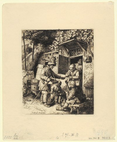 Halbfigur eines sitzenden Mannes mit gefiedertem Hut und Brille in der linken Hand von Christian Wilhelm Ernst Dietrich