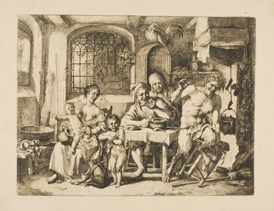 Satyr in einem Bauernhaus, im Stil von Jordaens von Christian Wilhelm Ernst Dietrich