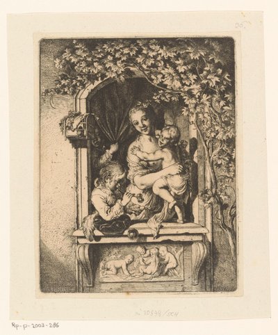 Frau mit Kindern im dekorierten Fenster von Christian Wilhelm Ernst Dietrich