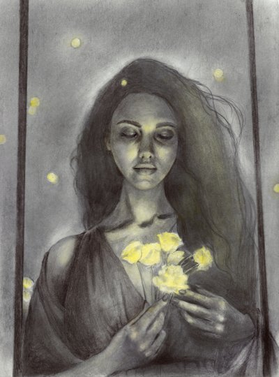 Träumerische Frau mit leuchtenden Blumen von Christine Lindstrom