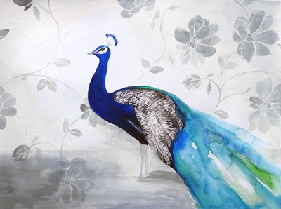 Eleganter Blauer Pfau mit Blumen von Christine Lindstrom