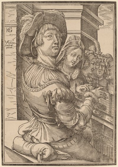 Ein junger Mann spielt ein Psalterium von Christoffel van Sichem I after Hendrik Goltzius