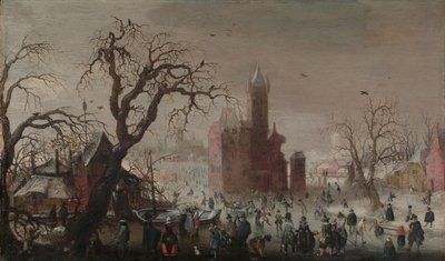 Eine Winterlandschaft mit Schlittschuhläufern und einem imaginären Schloss, ca. 1615-20 von Christoffel van den Berghe