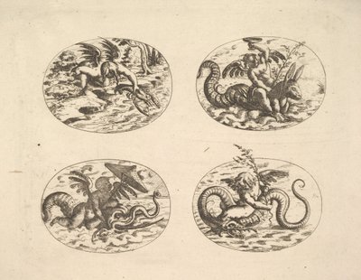 Putti mit Seeungeheuern, Platten aus dem Neue Grotessken Buch, 1610 von Christoph Jamnitzer