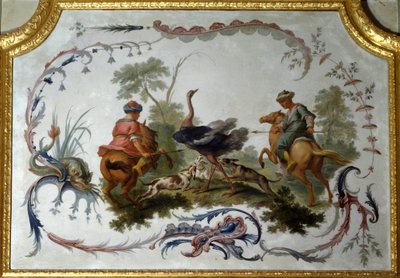 Straußenjagd-Panel des großen Wohnzimmers des Schlosses von Feldern auf Marl. Wanddekor gemalt von Christophe Huet von Christophe Huet