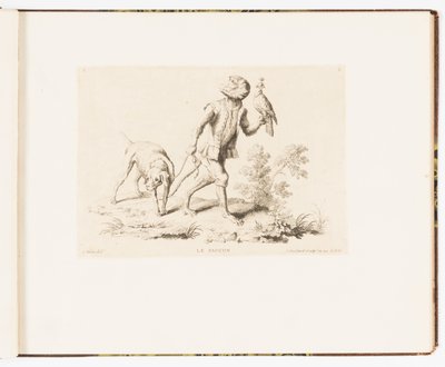 Tafel 5, Le Faucon (Der Falke), Singeries ou différentes actions de la vie humaine représentées par des singes (Affenszenen oder verschiedene Handlungen des menschlichen Lebens dargestellt von Affen) von Christophe Huet