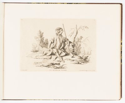 Tafel 6, Le Repos de Chasse (Die Rast vom Jagen), Singeries ou différentes actions de la vie humaine représentées par des singes (Affenszenen oder verschiedene Handlungen des menschlichen Lebens dargestellt von Affen) von Christophe Huet