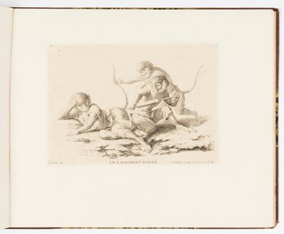 Tafel 7, Le Lavement Donné (Der Einlauf gegeben), Singeries ou différentes actions de la vie humaine représentées par des singes (Affenspielereien oder verschiedene Handlungen des menschlichen Lebens, dargestellt von Affen) von Christophe Huet