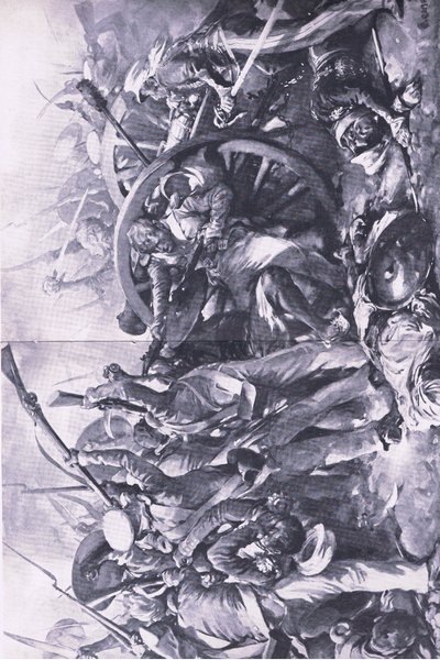 Die Schlacht von Meanee, 17. Februar 1843: Der Kampf an den Geschützen, Illustration aus British Battles on Land and Sea, 1915 von Christopher Clark