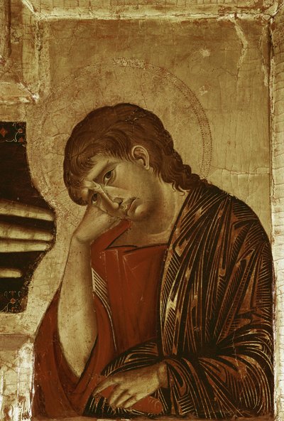 Kruzifix: Detail von Johannes dem Evangelisten (Tempera auf Holz) von Cimabue