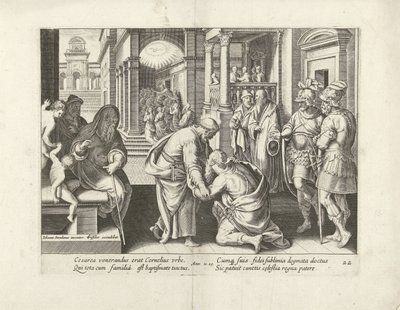 Cornelius kniet vor Petrus (Serie: Handlungen der Apostel, Acta Apostolorum) von Claes Jansz. Visscher (II) (attributed to workshop of)