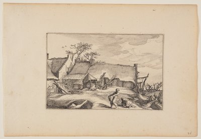 Ein Bauernhaus, Mann mit einem Korb im Vordergrund, aus Landschaften von Claes Jansz. Visscher
