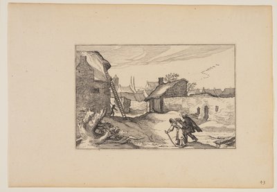 Ein Dorf, Leiter an Haus auf der linken Seite, aus Landschaften (Verscheyden aerdige Lanthuysen...) von Claes Jansz. Visscher