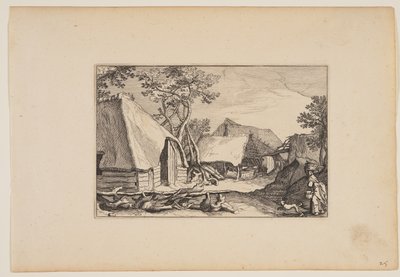 Scheunen, Frau und Hund im rechten Vordergrund, aus Landschaften (Verscheyden aerdige Lanthuysen...) von Claes Jansz. Visscher