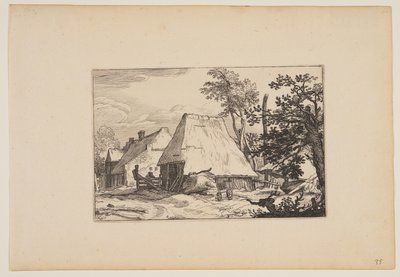 Bauernhof, Mann ruht sich an einem Zaun links der Mitte aus, aus Landschaften (Verscheyden aerdige Lanthuysen...) von Claes Jansz. Visscher